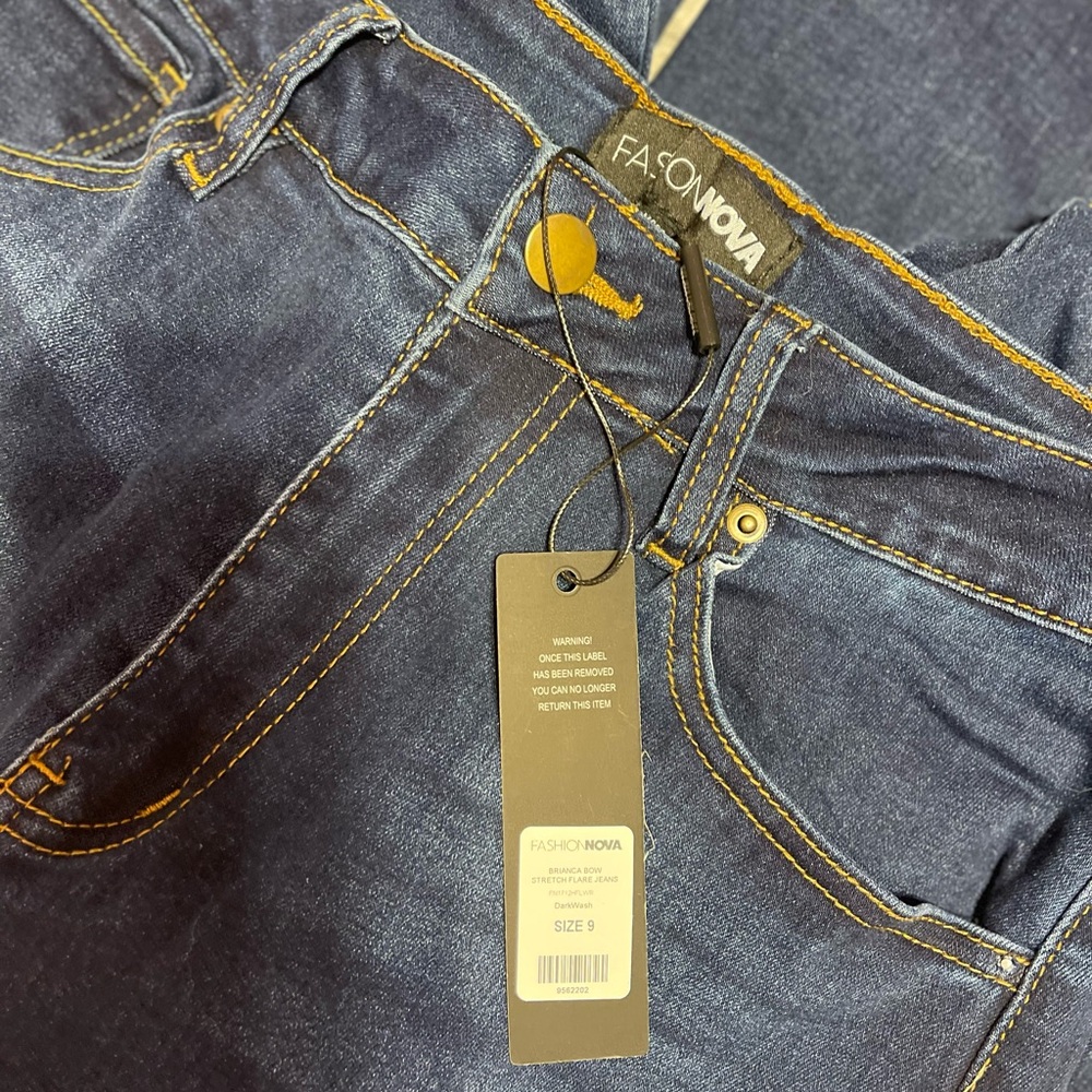 Fashion Nova Bow Stretch Flare Jeans - Dark Wash - Picture 3 of 6